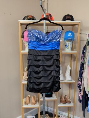 Blue Glitter Strapless Party Dress with Black Tiered Skirt